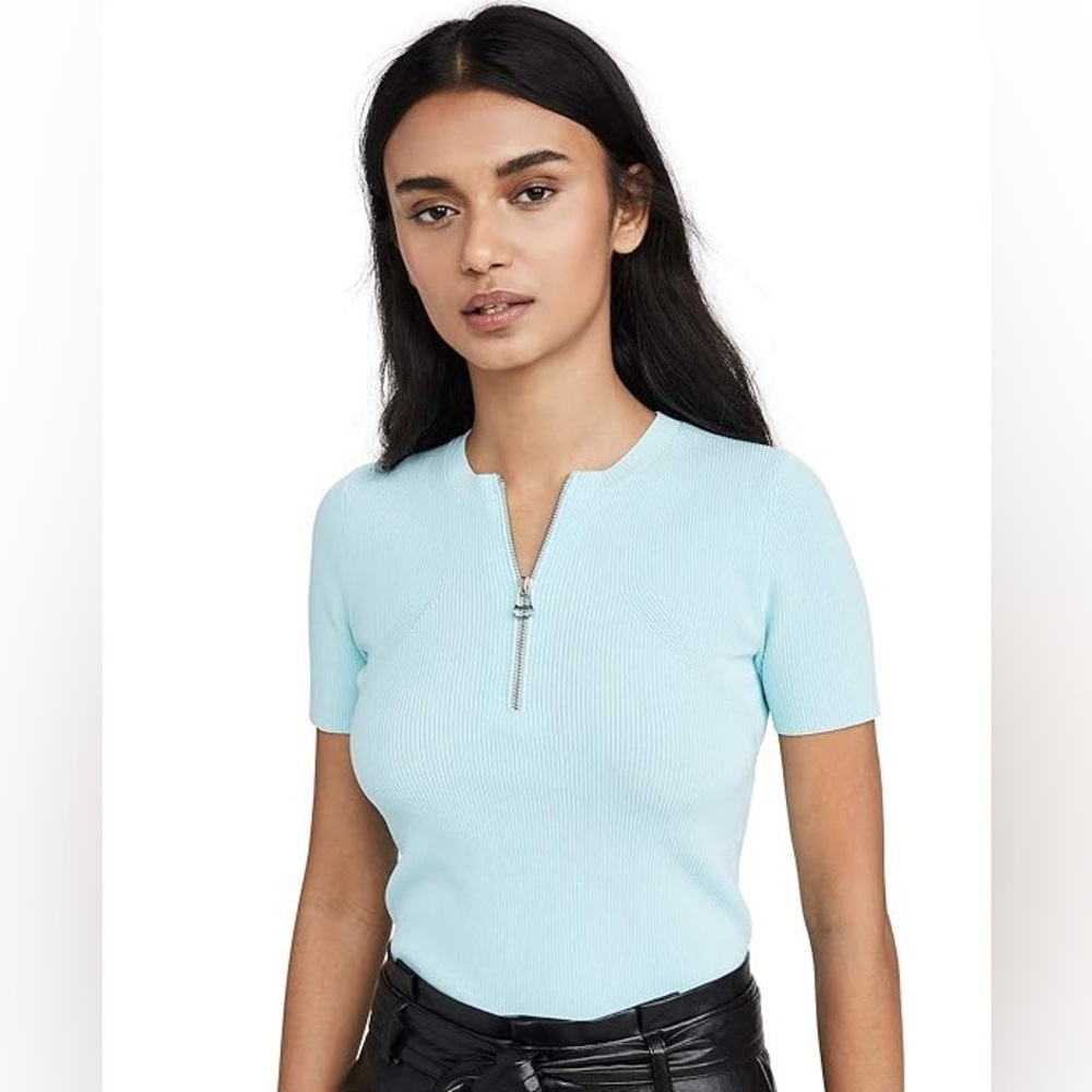 Helmut Lang Ribbed Polo Top with Decorative Half-Zip in foam blue Size XS